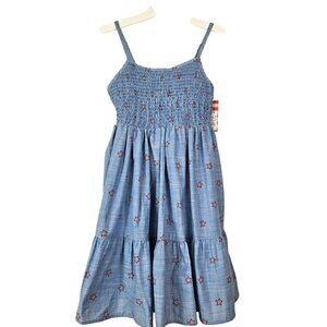 Girls Blue Star Print Smocked Patriotic Dress L (10/12) 100% Cotton Summer Style